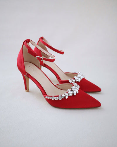 red satin pointy toe bridal heels with rhinestones