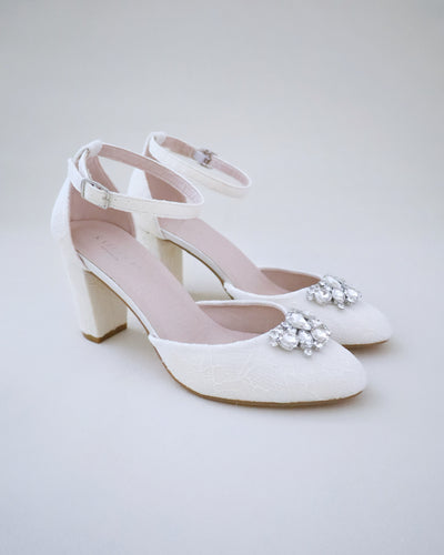 ivory lace block heels with rhinestones brooch
