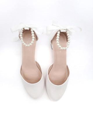 Round Toe Satin Block Heel with All Pearls Ankle Strap