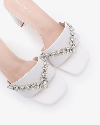 White Comfortable Sparkly Rhinestone Satin Wedding Slide Block Heels