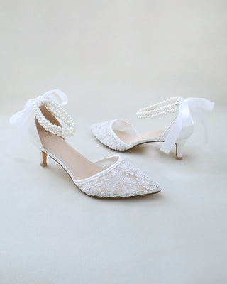 white crochet lace low heels with pearls ankle strap