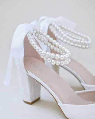 white lace wedding block heels with pearls strap