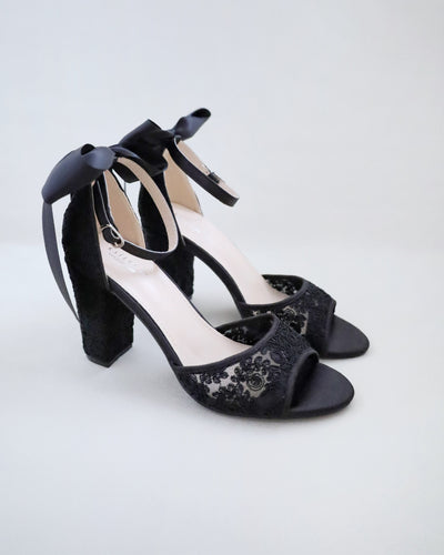 black crochet lace block heels bridal sandals with back satin bow