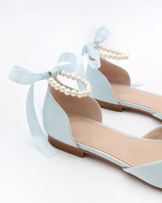 Satin Pointy Toe Bridal Flats with Ribbon Tie or Pearls StrapWomen Shoes