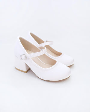 Girls Satin Mary Jane Block Heel with Mini Pearls