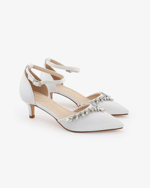 Satin Pointy Toe Kitten Low Heel with Starlet Rhinestones Embellishments