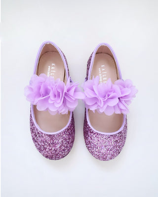 Rock Glitter Mary Jane Flats with Purple Chiffon Flowers