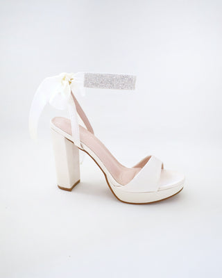 Satin Platform Block Heel Wedding Sandals with Rhinestones Strap