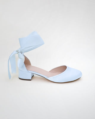 Round Toe Satin Block Heel with Wrapped Ribbon Tie