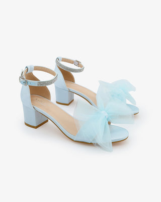 Satin Block Heel Sandal with Front Oversized Tulle BowWomen Shoes