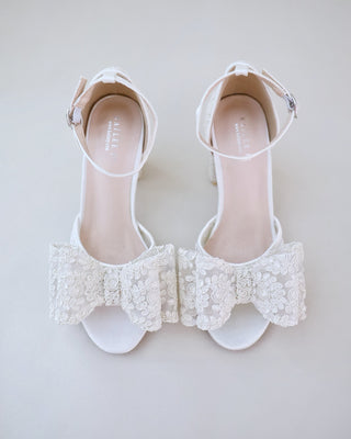 Crochet Lace Block Heel Sandals with Oversized Crochet Lace Bow