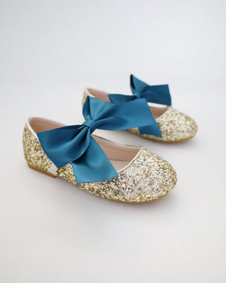 Gold Rock Glitter Mary Jane with Dark Teal Satin Bow