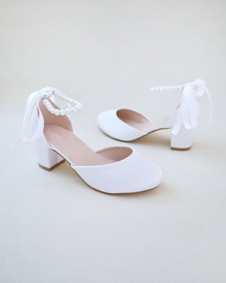 Girls Satin Block Heel with All Pearls Ankle Strap