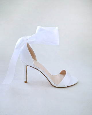 white satin high heels wedding sandals with wrapped tie