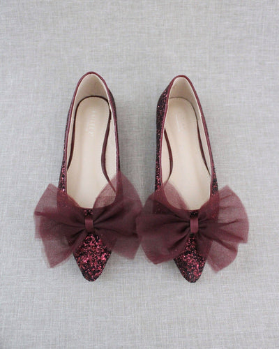Burgundy Evening Pointy Toe Glitter Flats with Oversized Tulle Bow