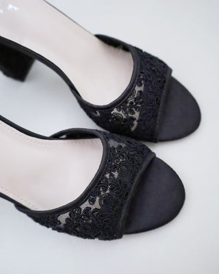 black crochet lace block heels bridal sandals with back satin bow