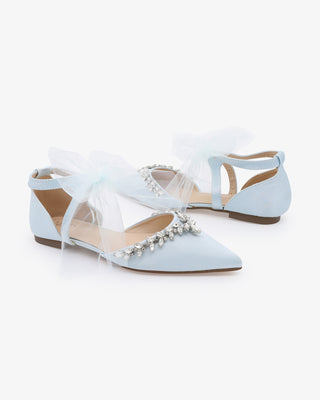 Satin Pointy Toe Flats with Starlet Rhinestones Embellishment and Organza TieWomen Shoes