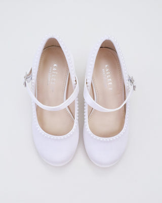 Girls Satin Mary Jane Block Heel with Mini Pearls
