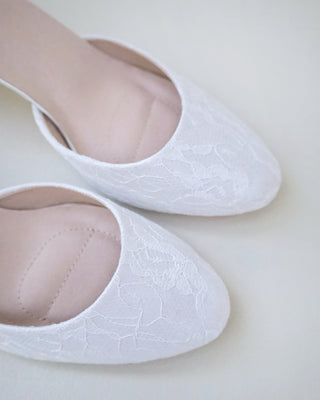 white lace wedding block heels with rhinestones strap
