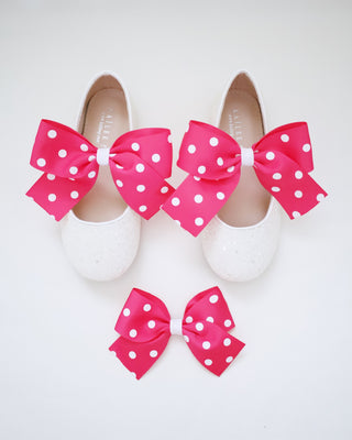 White Rock Glitter Mary Jane Flats with Fuchsia Polka Dot Grosgrain Bow
