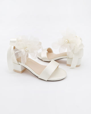 Satin Block Heel Girls Sandals with Ophelia Flowers