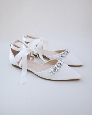 Satin Pointy Toe flats with Floral Rhinestones Embellishment and Satin Tie