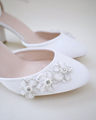 Satin Wedding Block Heel with Rhinestones Chassia Flower