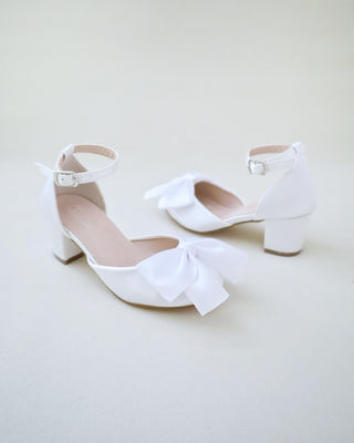 white satin block heels flower girls shoes with satin bow