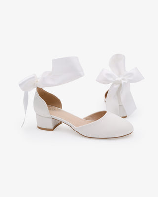 White Round Toe Satin Low Block Heel with Wrapped Ribbon Tie