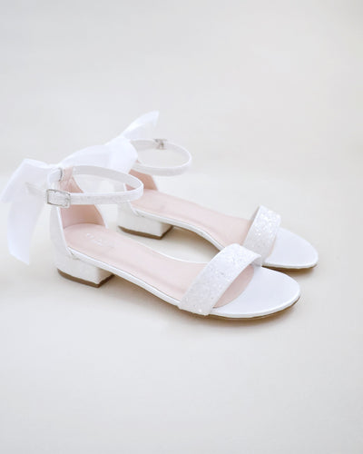 White Glitter low block heels wedding sandals with satin bow