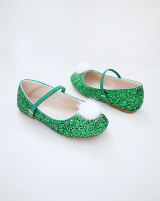 Rock Glitter Mary Jane Ballet Flats with White Faux Fur Puff