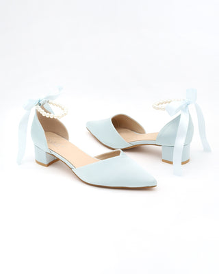 Satin Pointy Toe Low Block Heels Wedding Shoes with All Pearls Ankle Strap
