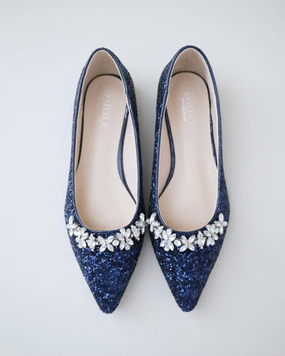 Navy Glitter Bridesmaids Flats with Floral Rhinestones