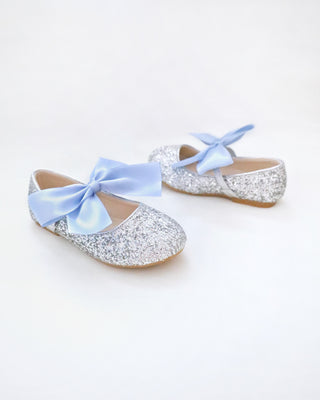 Silver Rock Glitter Mary Jane with Dusty Blue Satin Bow
