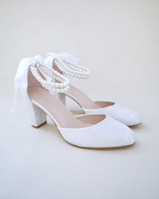 white lace wedding block heels with pearls strap
