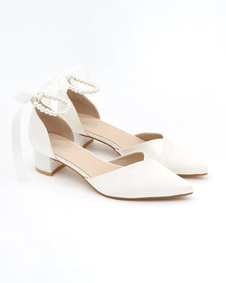 Satin Pointy Toe Low Block Heels Wedding Shoes with All Pearls Ankle Strap