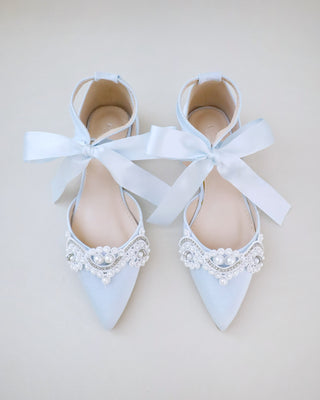 Satin Pointy Toe Flats with Small Pearls Applique Embellishment