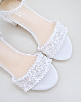 white crochet lace block heel sandals with mini pearls