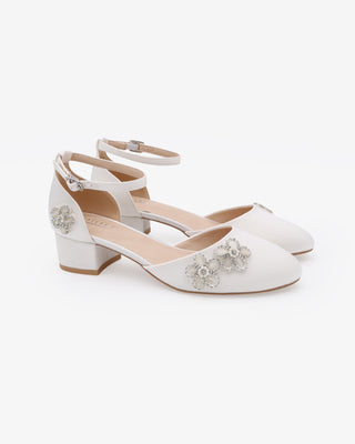 White Round Toe Satin Low Block Heel with Rhinestones Chassia Flower