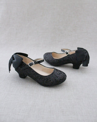Rock Glitter Mary Jane Heels with Satin Bow for Girls