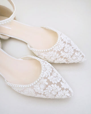 Crochet Lace Pointy Toe Flats with Mini Pearls
