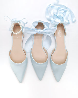 Satin Pointy Toe Bridal Flats with Ribbon Tie or Pearls Strap