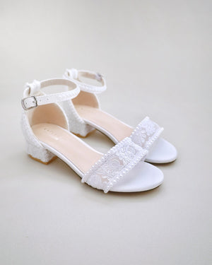 Crochet Lace Low Block Heel Girls Sandals with Mini Pearls