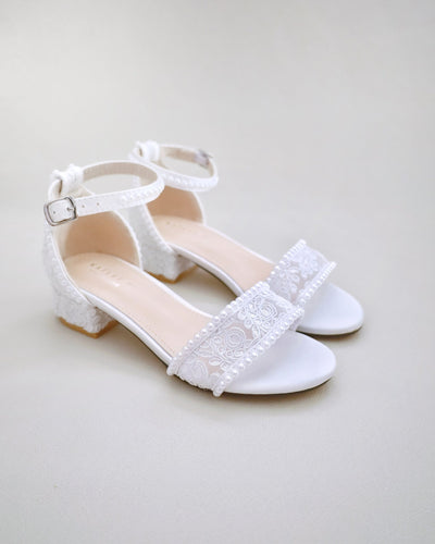 white crochet lace block heel sandals with mini pearls