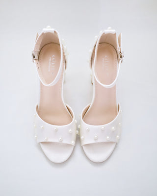 Satin Block Heel Wedding Sandals with Scattered Pearls
