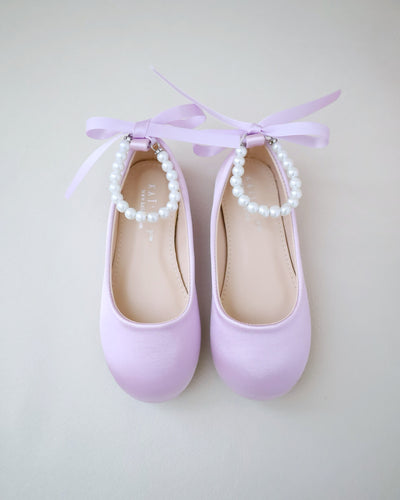 lavender satin flat with pearls strap