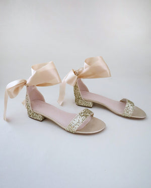Rock Glitter Low Block Heel Evening Sandals with Wrapped Satin Tie