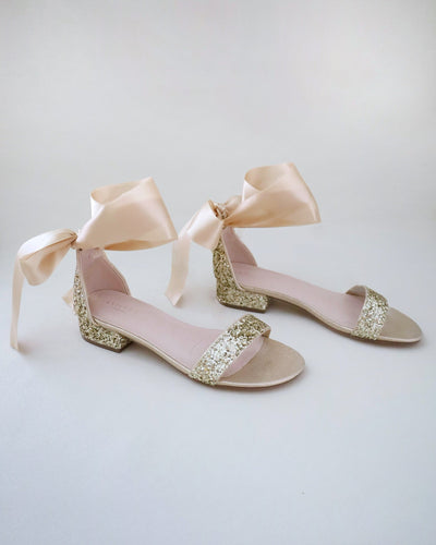 gold glitter heel wedding sandals with satin ribbon