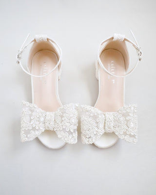 Ivory Crochet Lace Low Block Heel Girls Sandals with Lace Bow