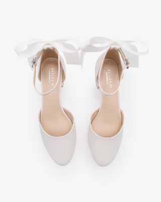White Round Toe Satin Low Block Heel with Back Satin Bow
